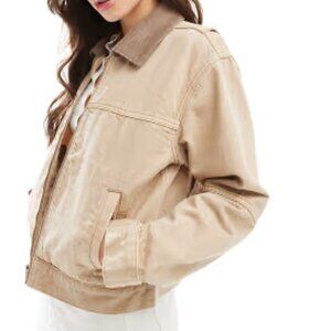 Abercrombie & Fitch collared cropped twill workwear zip up denim jacket in tan